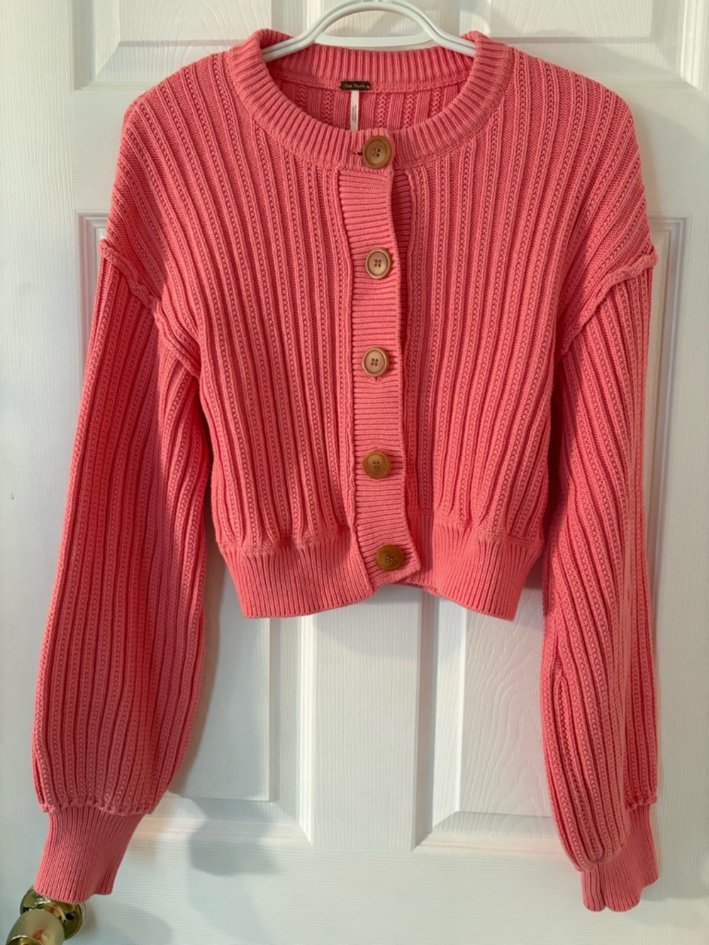 Free People Cropped Ribbed Cardigan Sweater - Coral Pink- balloon sleeve